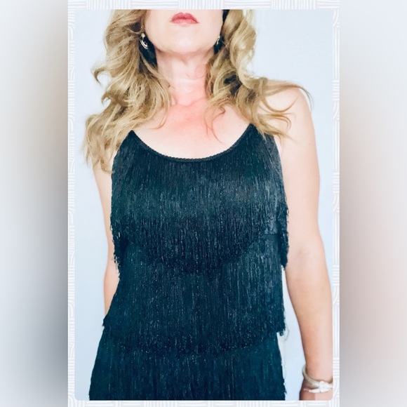 Vintage 90s does 20s Cheryl Kaye Gatsby Black Fringe Flapper Mini Dress Sz S - Picture 3 of 11